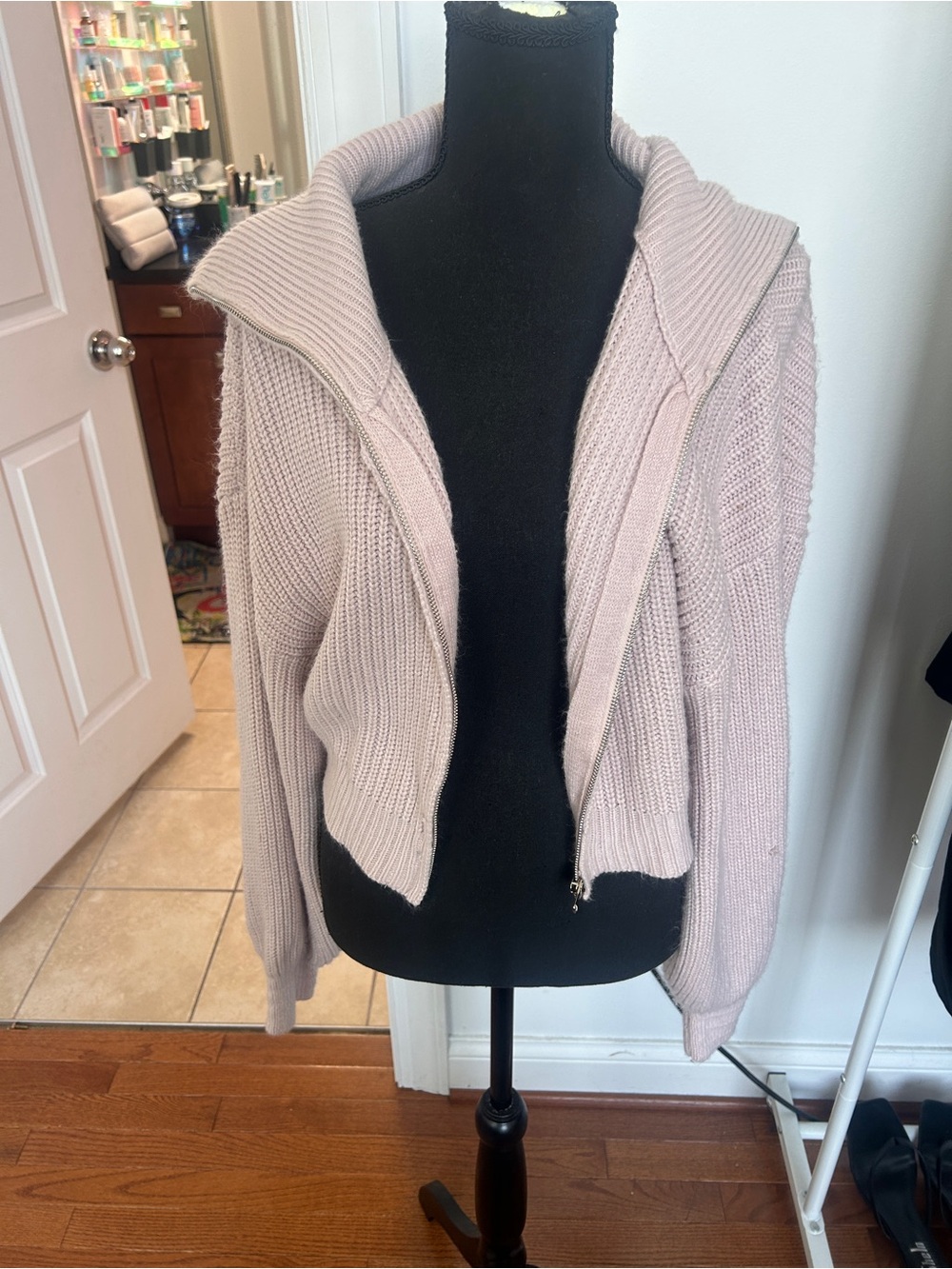 Women's Zip-Front Hooded Knit Sweater - Light Mauve